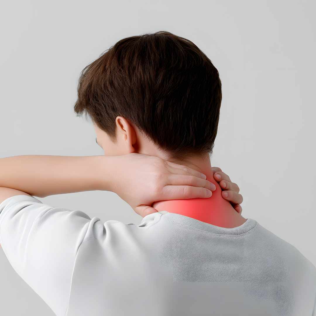 En person holder sig til nakken med tydelig ømhed og rødme som viser smerter forbundet med nakkesmerter og hovedpine.