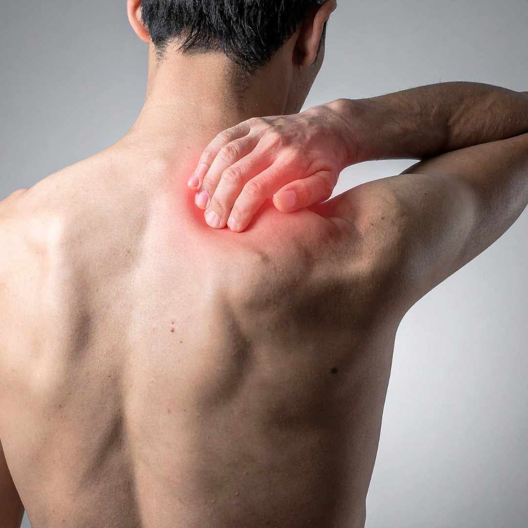 Person med ømme muskler i nakken holder sig på skulder og nakke på grund af spændinger.